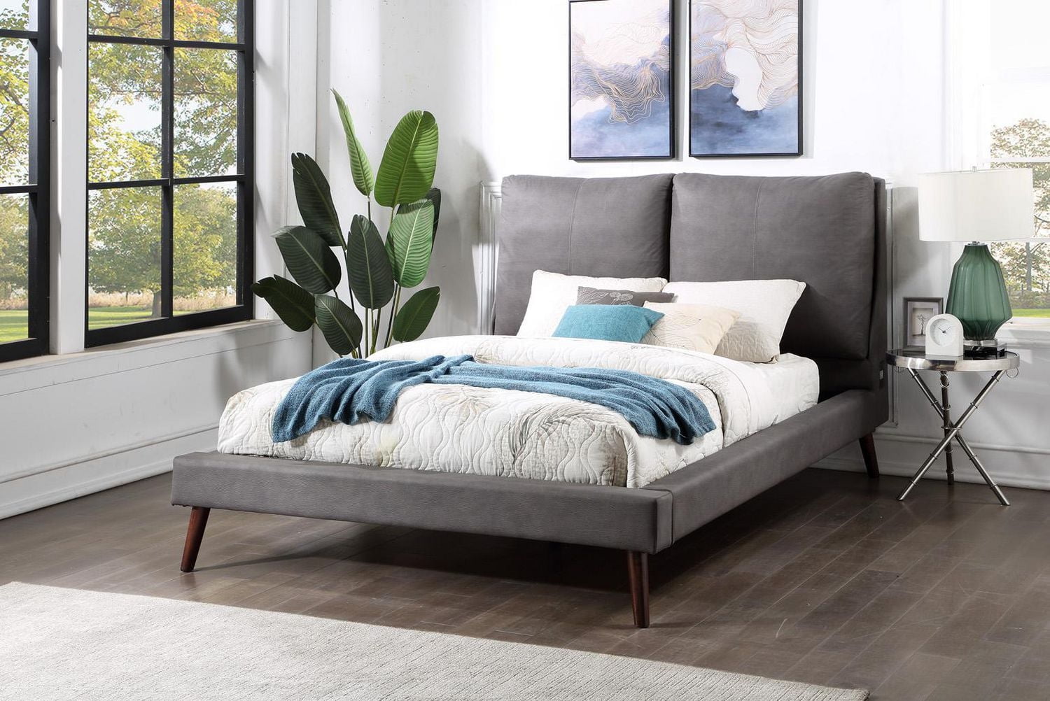 Topline Home Furnishings Upholstered Platform Bed with USB Ports, Grey