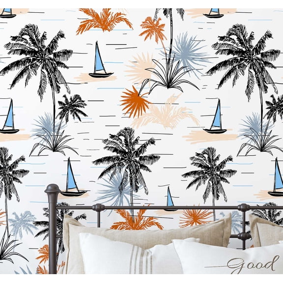 S4Sassy Peel and Stick Wall Covering, Tropical Palm & Sailboat Removable Wall Wrap - Black Instant Walls Makeover Mural for Bathroom, Laundry Room, Closet - Self-Adhesive Wallpaper Vinyl -25"x120"