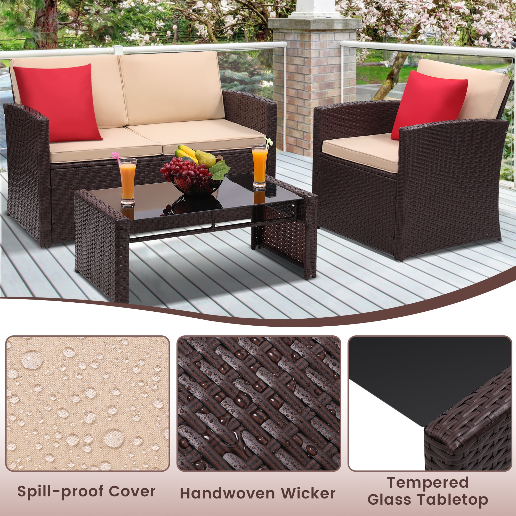 TUAREX Outdoor 4 Piece Wicker Patio Furniture Set, Waterproof Rattan Sectional Sofa with Thick Cushions, Perfect for Patio, Garden, Porch & Backyard, Brown Rattan and Beige Cushion