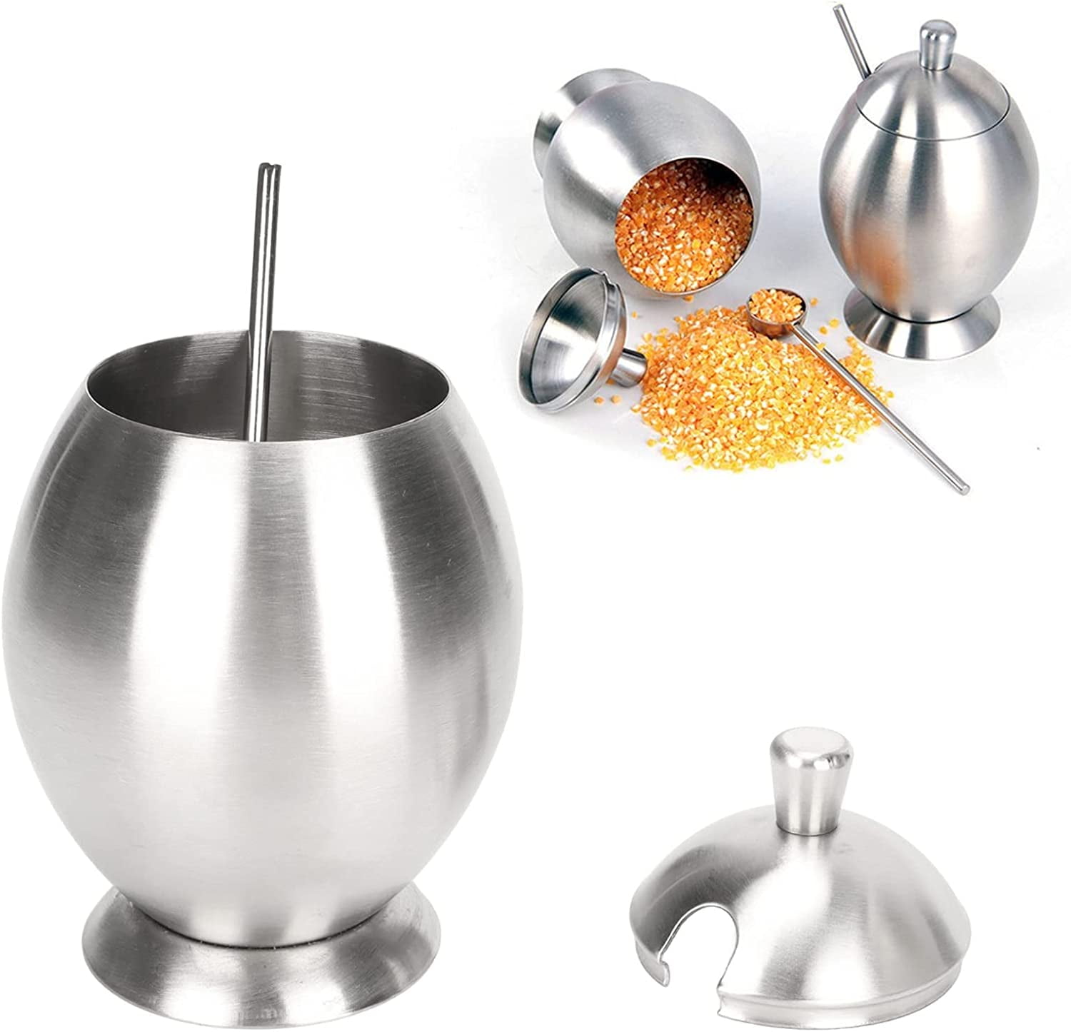 ABCISI Condiment Container, Stainless Steel Egg Shaped Oval Condiment Jar With Spoon, Seasoning Container For Kitchen Resturant
