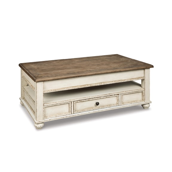 Signature Design by Ashley Realyn Lift Top Coffee Table – Cottage Two-Tone, Chipped White & Distressed Wood, Storage Drawer, Spring-Lift Top