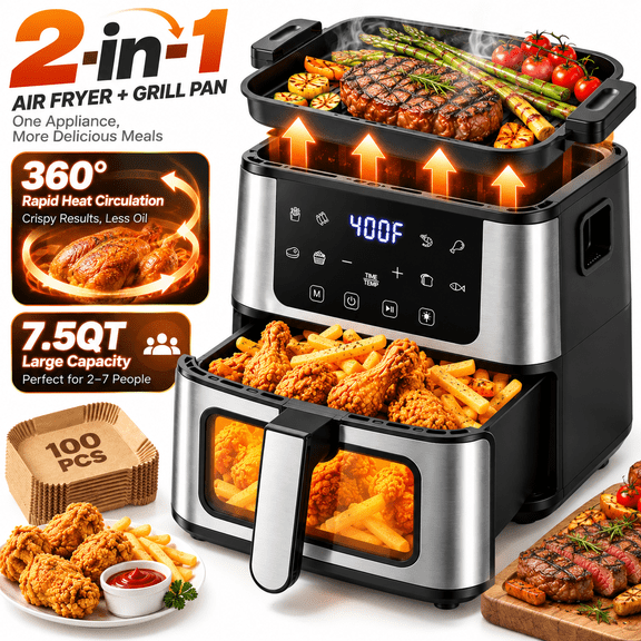 7.5QT Air Fryer with Grill Pan, 2-in-1 Air Fry & Sear for Steaks, 1450W Rapid Heating, 92% Less Oil, 8 Smart Presets, Viewing Window & Interior Light, Dishwasher-Safe Basket, 100 Liners