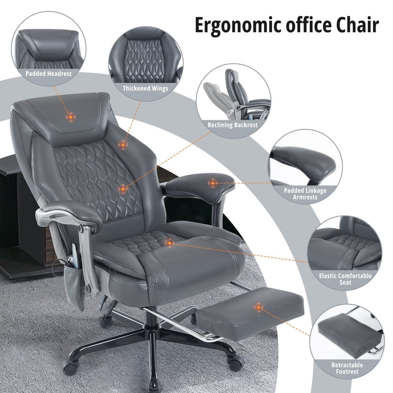 Heated Massage Office Chair with 6 Points Vibration, Reclining Ergonomic Desk Chair with Footrest for Extra Comfort, PU Leather High Back Executive