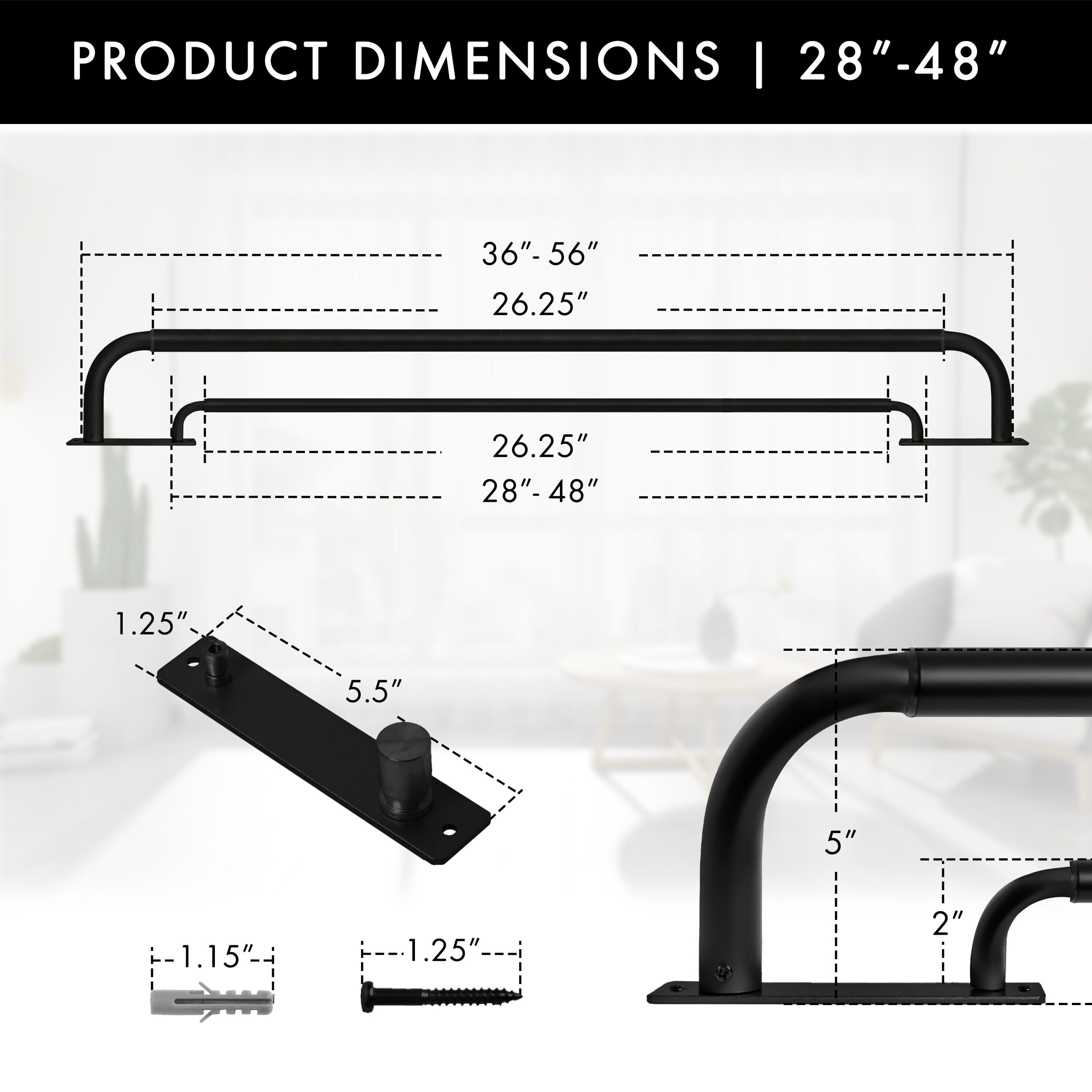 MERIVILLE 1" Double Wraparound Curtain Rod Set, Adjustable 28–48 Inches, Blackout Design, Black