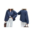 thumbnail image 3 of Women Cropped Trench Coat Oversized Double Breasted Lapel Long Sleeve Short Jacket Fashion Outerwear Navy Blue M, 3 of 7