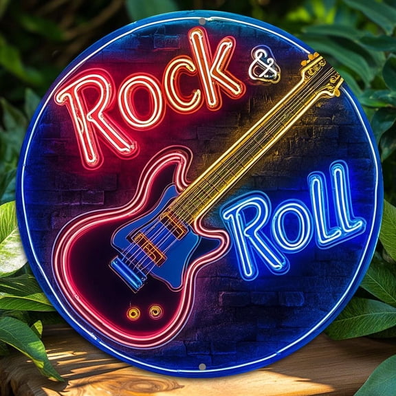 HELLOYOUNG Retro Guitar Neon Wall Sign, 8x8 Inch Round Aluminum Art for Home Bar Decor, Vintage Music Wall Decor, Rustic Tin Sign with Pre-Drilled Holes for Easy Hanging