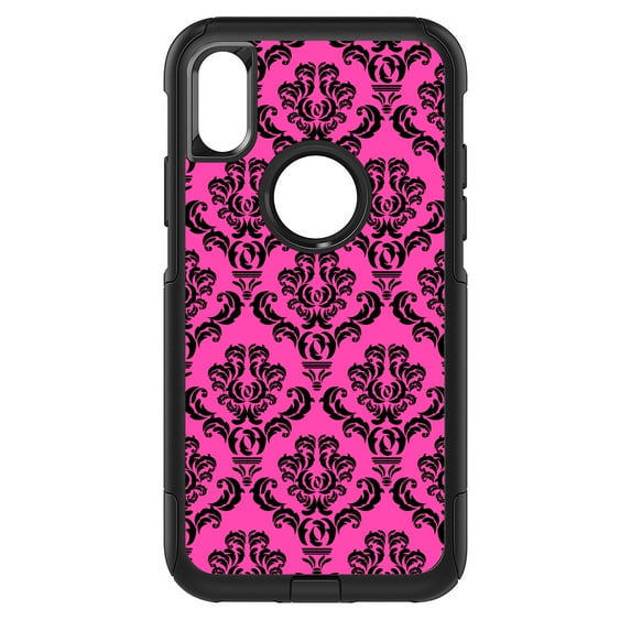 DistinctInk Custom SKIN / DECAL compatible with OtterBox Commuter for iPhone XR (6.1" Screen) - Pink Black Damask Pattern - Floral Damask Pattern