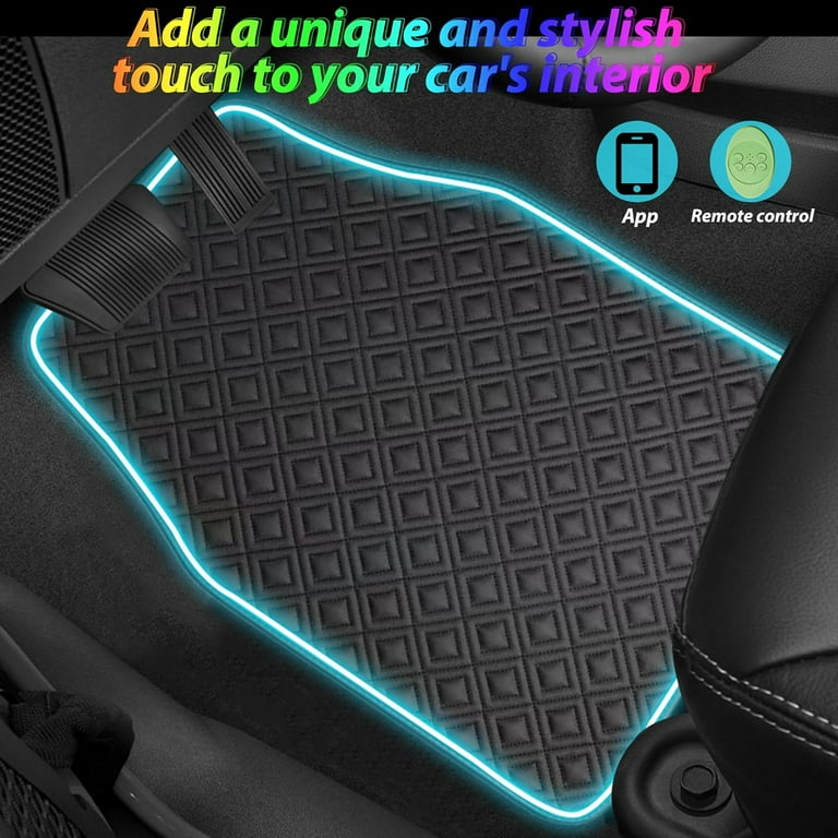 Car Floor Mats with Led Strip Light, Universal Fit Black Automotive Carpet, Interior Car Lights Floor Mats, App Control Faux Leather Anti-Slip Waterproof Neon Car Decor Accessories for SUV,Sedan Etc.