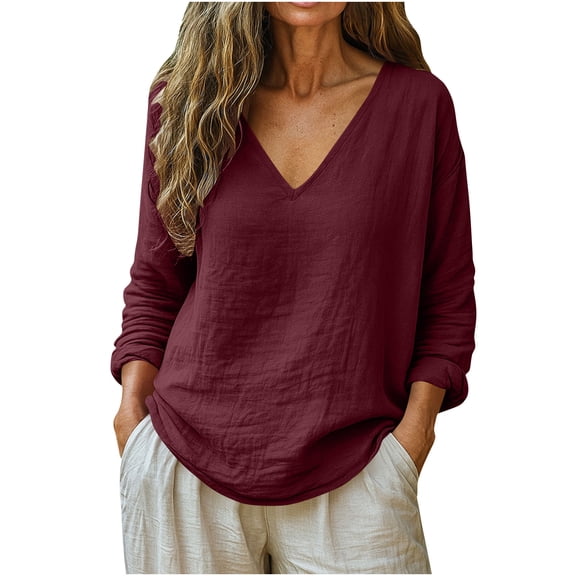 Yutgune Women's Plus Size Cotton Linen V-Neck Blouse Long Sleeve Loose Fit Casual Pullover Shirt Top