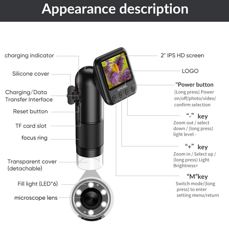 APEXEL APL-MS008 Handheld Digital Microscope 12X-24X Magnification Portable  Microscope for 2.0 Inch LCD Screen 2MP Photo 720P Video Built-in Battery  with Electronic Magnifier 