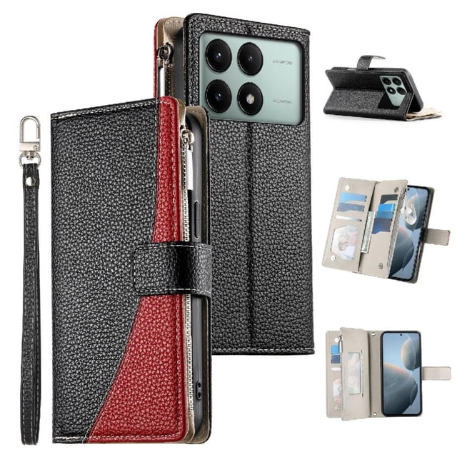 Funda cartera GANGXUN para Xiaomi Poco X6 Pro 5G , cuero PU con tarjetero, cremallera, correa de mano, soporte y protección 1165°