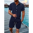 thumbnail image 5 of Men'S Waffle Knit 2-Piece Outfit with Button Down Shirt and Shorts for Summer Navy Blue S, 5 of 6