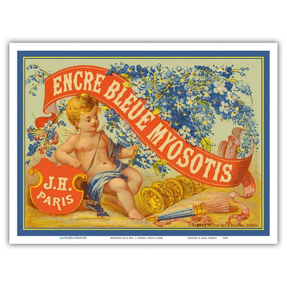 Myosotis Blue Pen Ink (Encre Bleue Myosotis) - J. Herbin Paris - Vintage Advertising Poster c.1860s - Master Art Print (Unframed) 9in x 12in