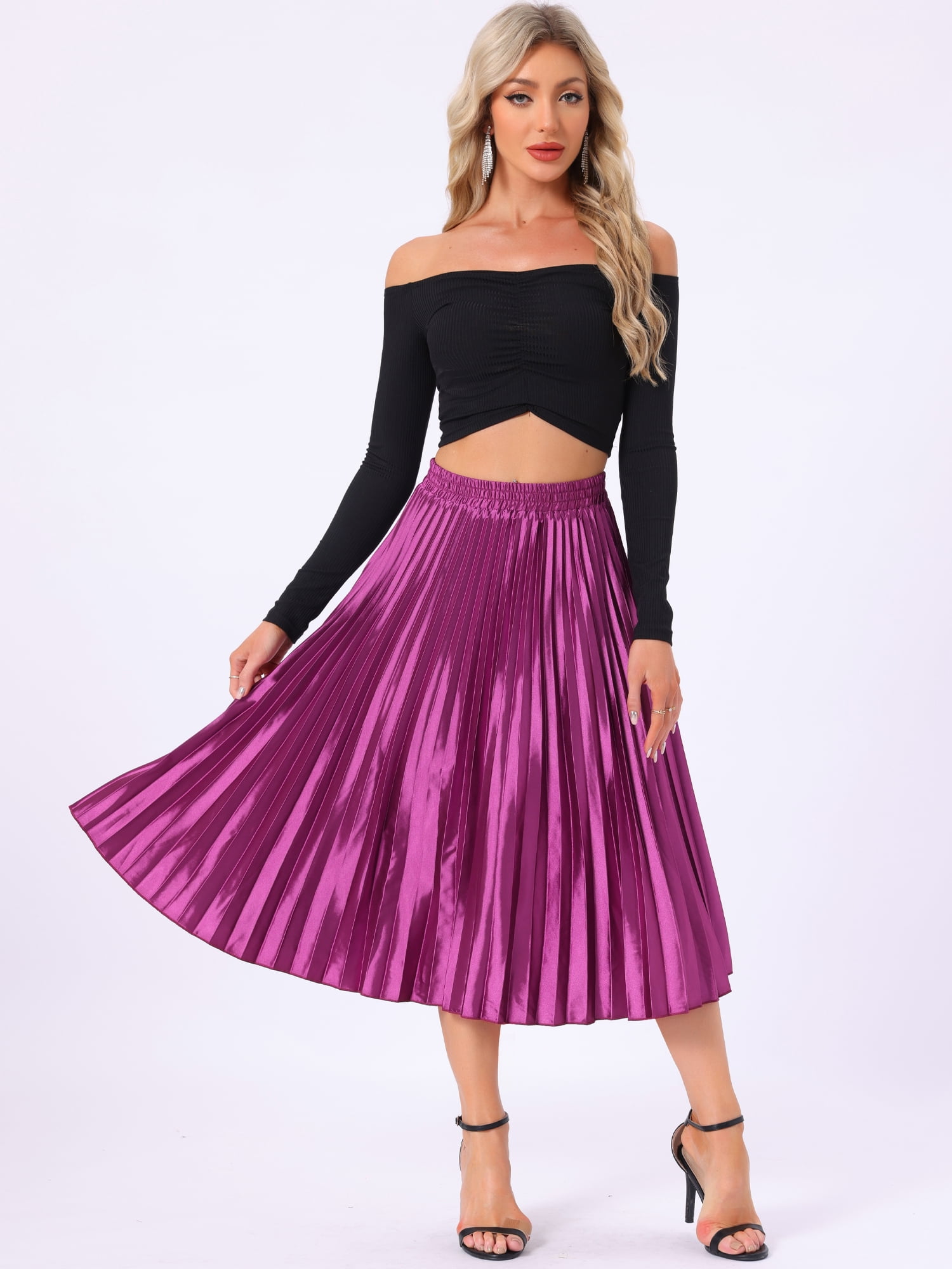 DARING DIVA Women's Midi Length Elastic High Waisted Pleated Skirt M Mauve