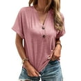 thumbnail image 2 of sunsanly Women Summer Top V Neck Button Decor Short Sleeves Solid Color Loose Match Pants Pullover Cotton Casual Summer Blouse Women Clothes, 2 of 8