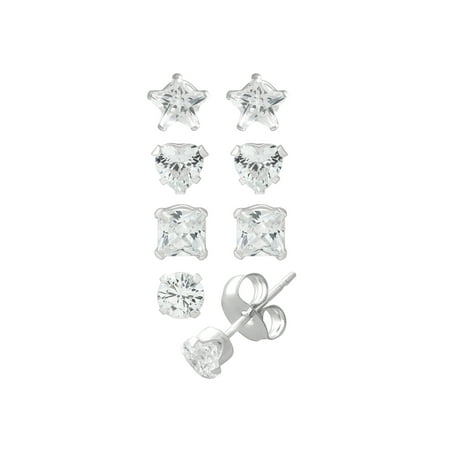 Girls' Sterling Silver Clear CZ Round, Heart, Star and Square Stud Earrings Set, 4 pairs
