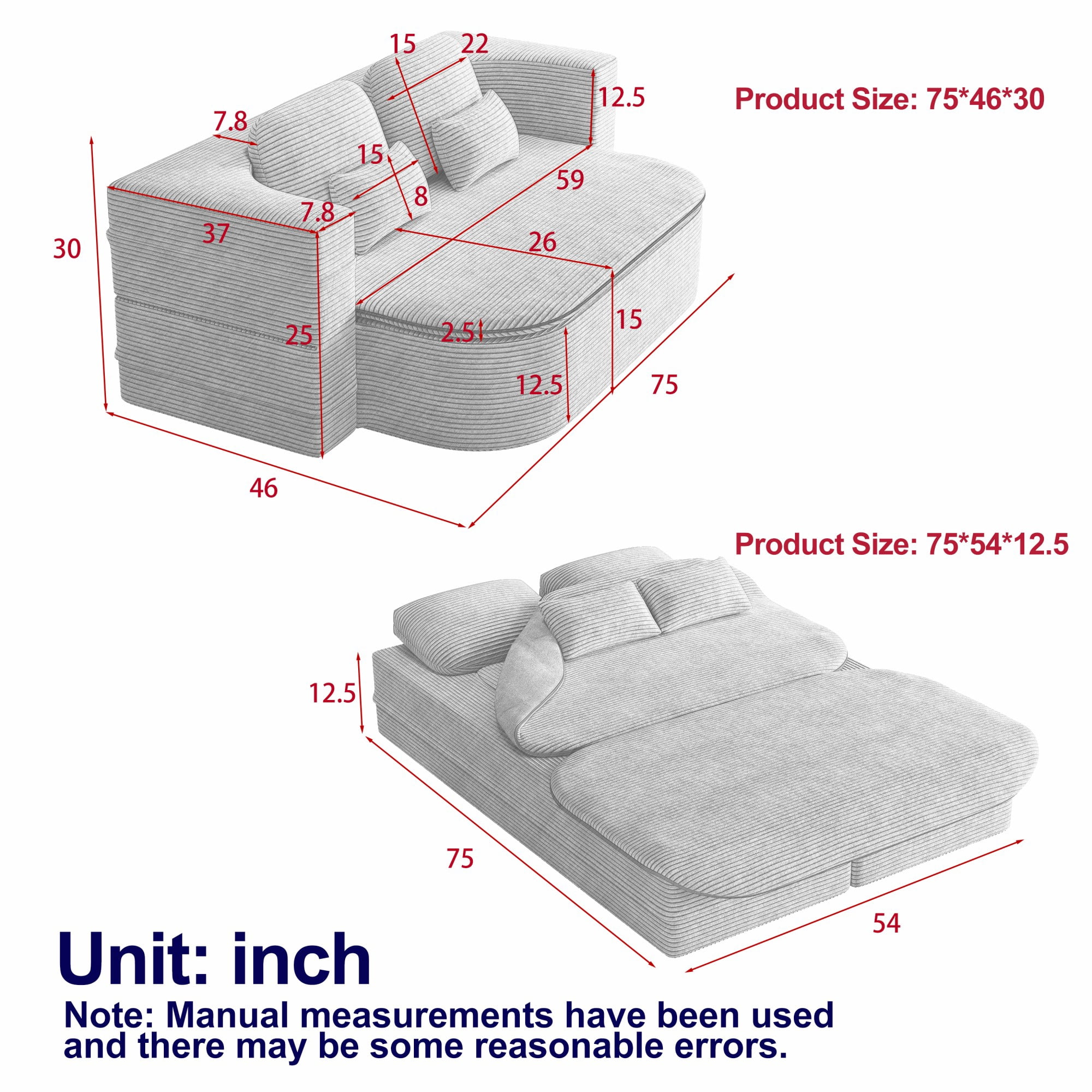 2-in-1 Convertible Sofa Bed,75'' Foldable Sleeper Sofa Bed,Corduroy Floor Folding Sofa Bed Lounge Sofa with Multi Functional Blanket for Living Room Bedroom,Grey