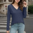 thumbnail image 2 of MIXUE Womens Summer Tops Summer Solid Color V Neck Long Sleeve Dressy Casual Fall Trendy Loose Tunic Pullover T-shirts Holiday Wear,Blue,L, 2 of 5