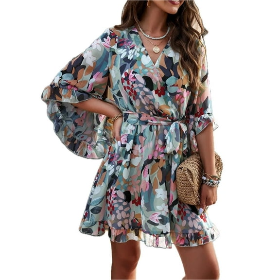 Women's Ruffled Printed Surplice Mini Dress with Half Sleeves Tie Front Flowy Hem 100% Polyester Fabric Casual