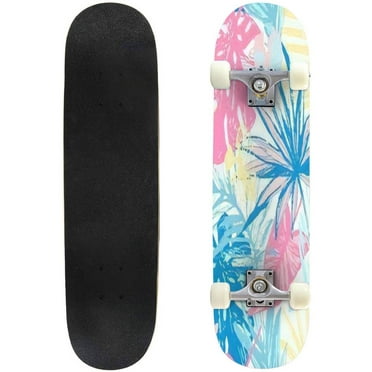 Hand drawn grunge textured tropical leaves seamless pattern Tropical Outdoor Skateboard Longboards 31"x8" Pro Complete Skate Board Cruiser