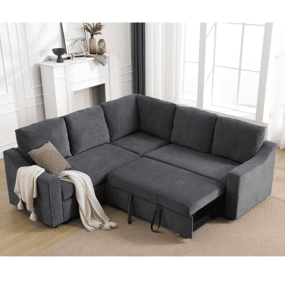 BSHTI L-Shaped Sofa with Pull-Out Sofa Bed,Corner Sofa,Living Room Furniture Set,Sleeper Sofa Bed,Corner Seat for Two with Broaching Sofa,Rivet DeChenille,Gray