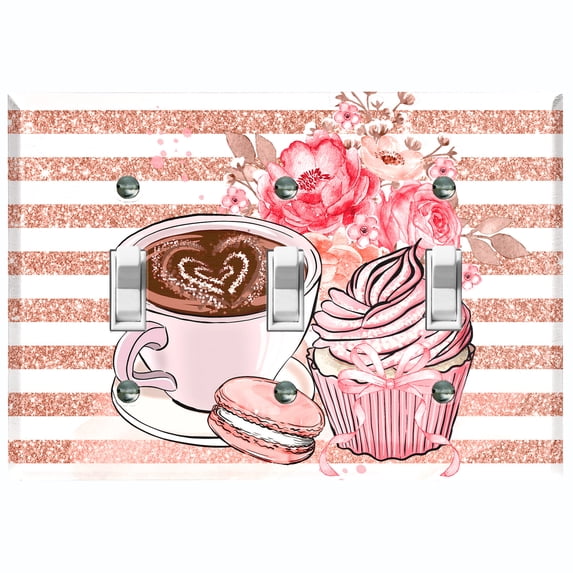 Metal Light Switch Wall Plate Outlet Cover (Coffee Mocha Espresso Heart Cupcake Macaron Flower Bouquet Pink - Triple Toggle)