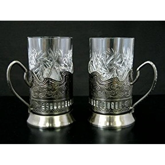 2 Crystal Drinking Tea Glasses with Metal Glass Holders Podstakannik for Hot or Cold Liquids