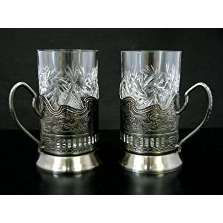 

2 Crystal Drinking Tea Glasses with Metal Glass Holders Podstakannik for Hot or Cold Liquids