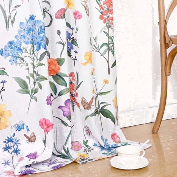 Invoibler Farmhouse Floral Semi Sheer Light Filtering Curtains, Cotton Blend Window Drapes for Living Room Bedroom, 52" W x 84" L, Set of 2