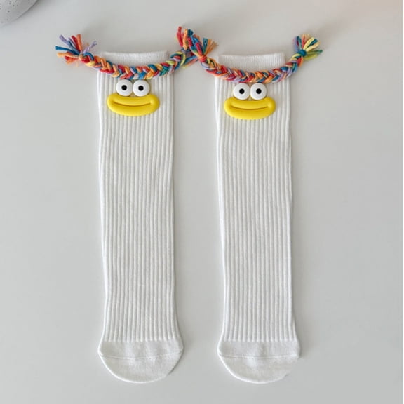 Girl's Colorful Novelty Socks, Funny Big Mouth Design with Braids Mid-Calf Crew Socks, Quirky Gift for Boys Girls, White, One Size