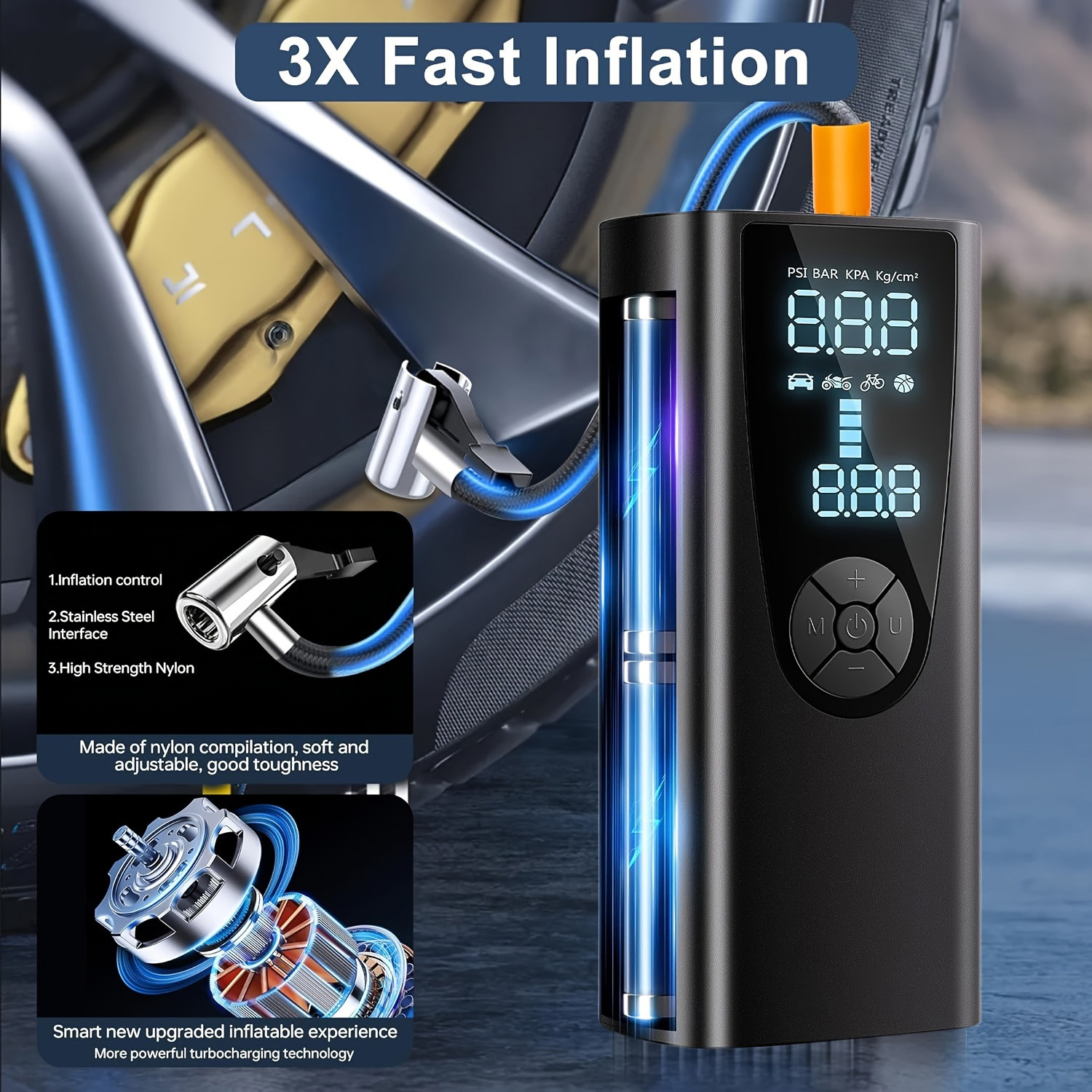 150 PSI Portable Tire Inflator - 20000mAh Cordless Air Pump with Pressure Gauge, Emergency Light for Vehicles & Balls (Black)​