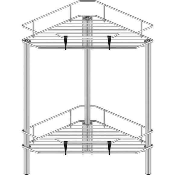 HuggieGems 2 Tier Floor Standing Corner Shower Caddy Organizer Shelf with Hooks, Bathroom Shelves Stand Rack, Gray