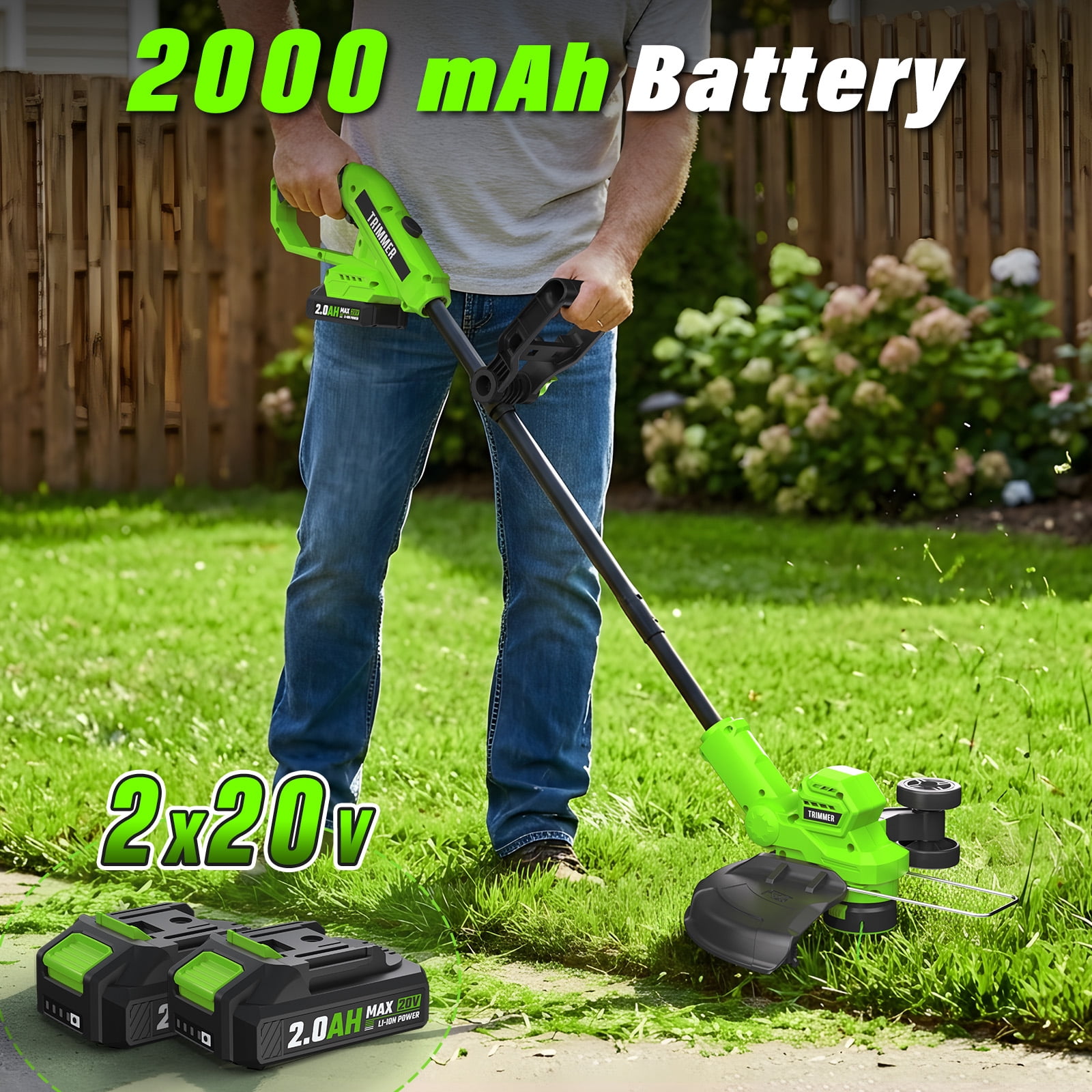 20V Cordless Weed Eater & String Trimmer, Brushless Motor 12" Lawn Edger, 2x2.0Ah Batteries, Includes 5 Spools & 8 Blades, Lightweight Weed Whacker