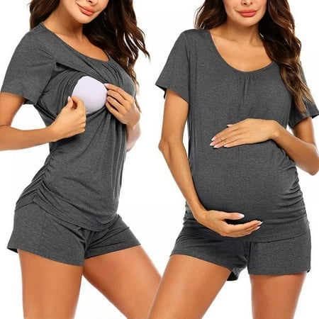 

Women’s Maternity Nursing Pajamas for Hospital Short Raglan Sleeve Baseball Pregnancy Breastfeeding Sleepwear Set