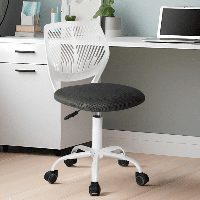 Homy Casa 29.5''-34.3'' Adjustable Swivel Desk Chair, Dark Grey Fabric Seat, White Rolling Base for Study Room