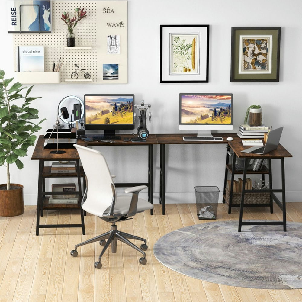 Kadyn L-Shaped Desk, Corner Computer Desk, Home Office Desk, L Shaped Corner Computer Desk with Storage Shelves-Brown
