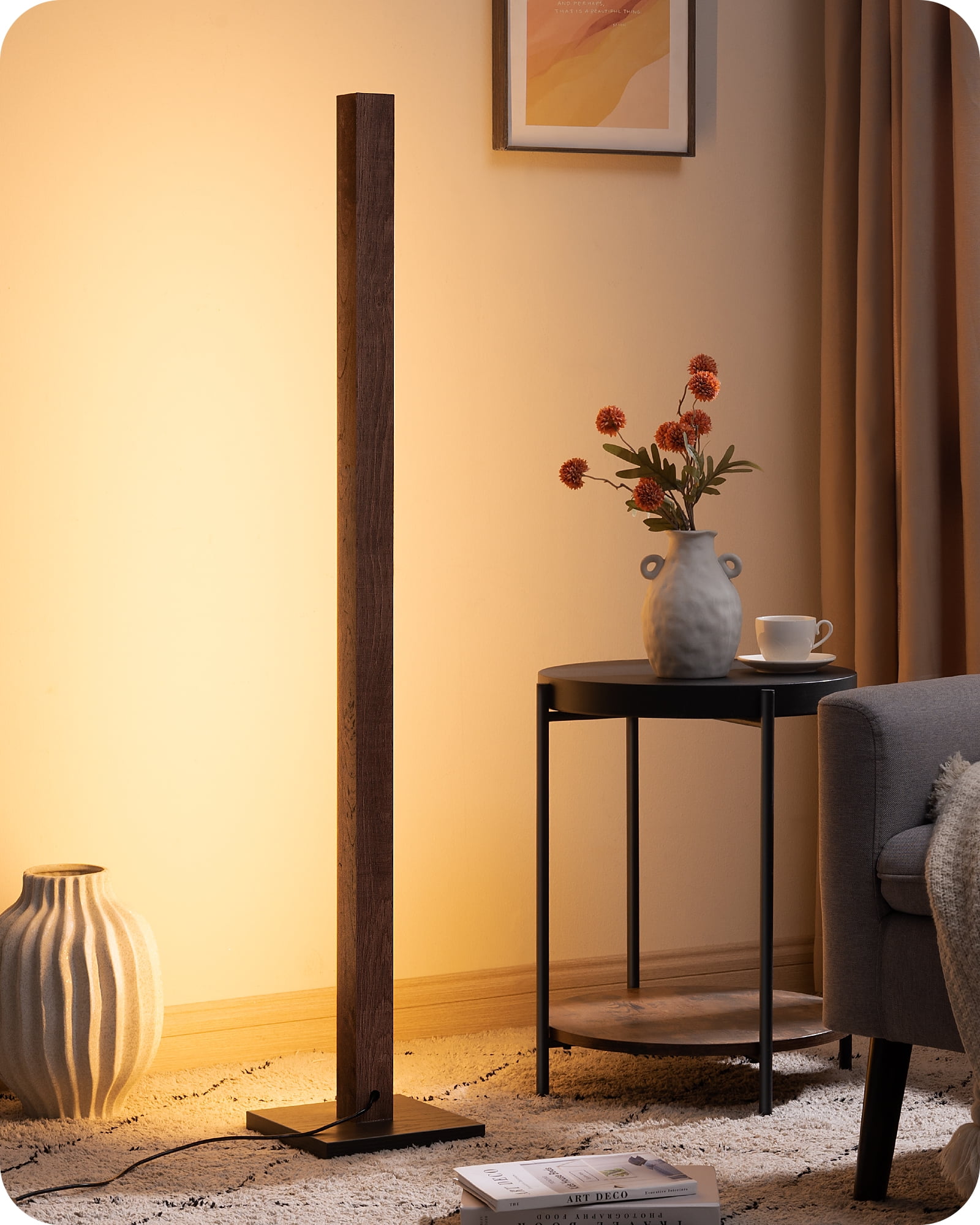 EDISHINE 48.43in Mid-Century Modern Floor Lamps with Remote for Living Room , Dimmable, 7CCT, Dark Walnut