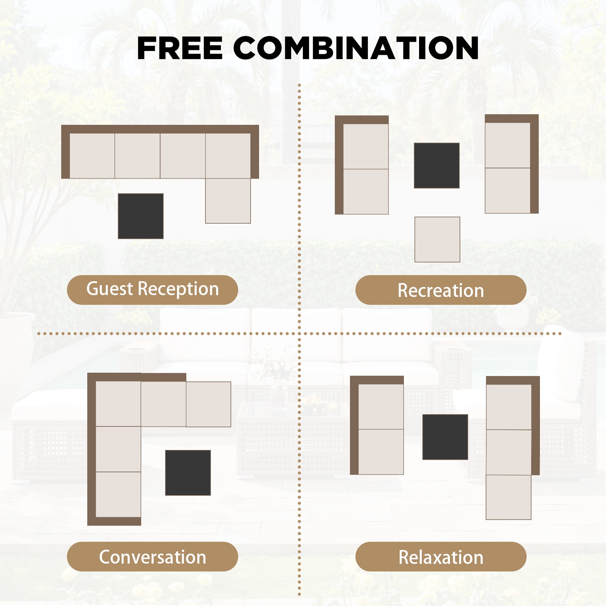 Homall 5-Seat Patio Furniture Set Outdoor Wicker Sectional Sofa with Cushions Modular with Wide Wood Armrests & Built-In Cup Holders, Beige
