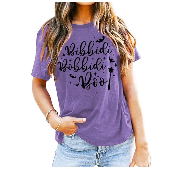 Graphic Tees for Women T-Shirts Bibbidi Bobbidi Shirt Women Cute Halloween T Shirt Funny Letter Print Tees Casual Tee Tops Purple L