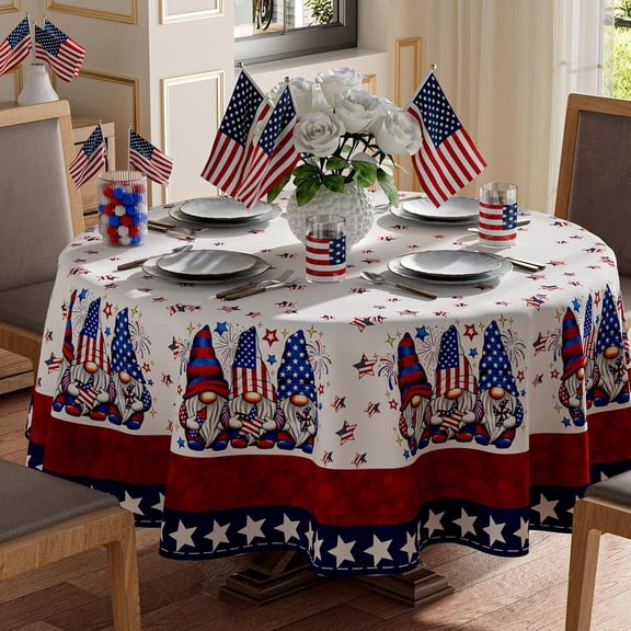 Gnomes Stars Patriotic America 4th of July Memorial Day Independence Day Tablecloth Round Washable Table Covers for Home Party Decorations 60x60 Inch