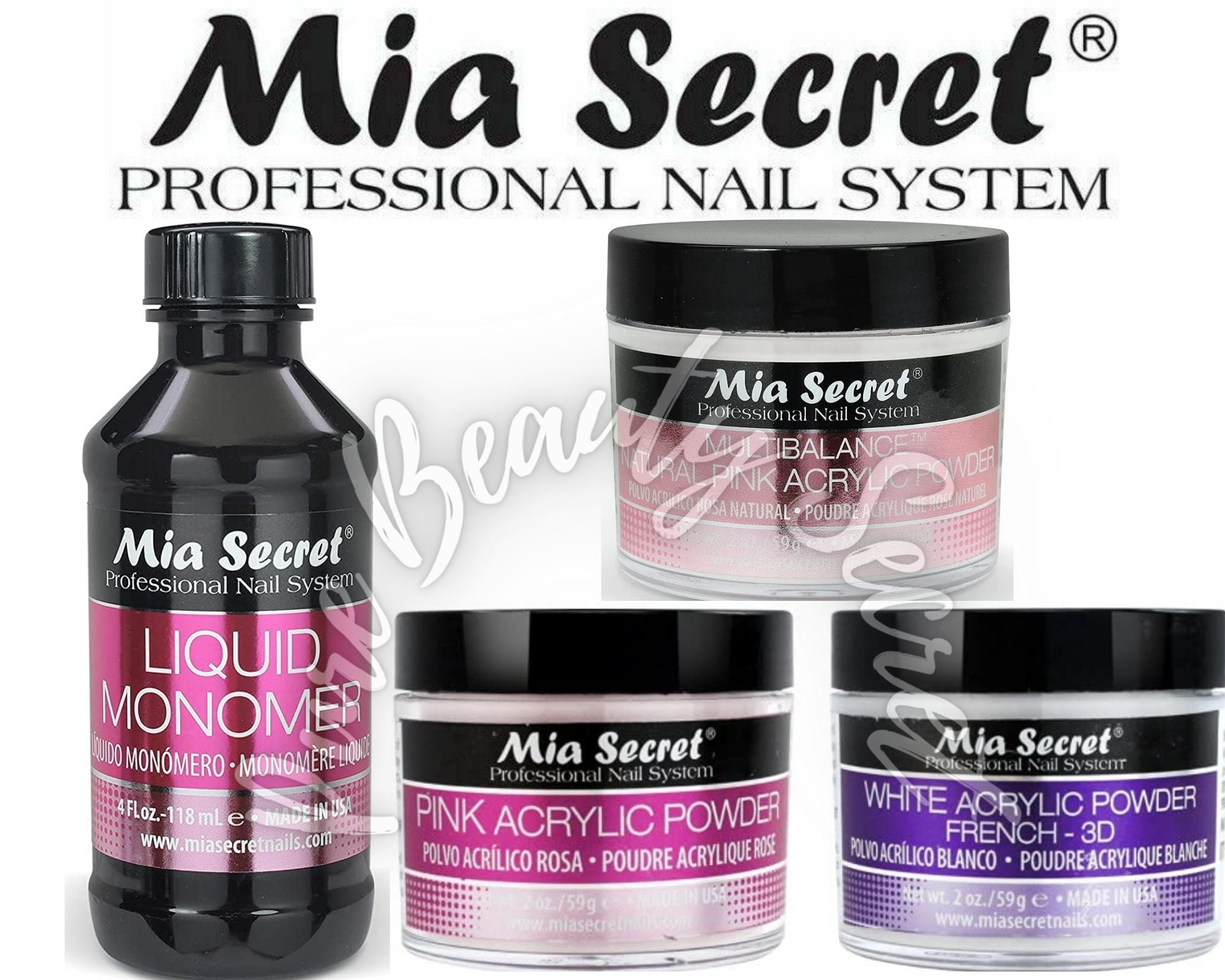 Mia Secret Liquid Monomer 4 oz and Powder 2 oz x 3 (NATURAL PINK + WHITE + PINK)