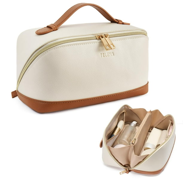Bolsa de maquillaje Telena de gran capacidad, de viaje, piel sintética, color beige