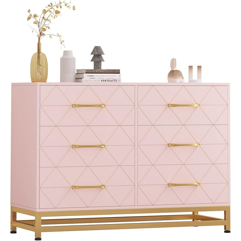 6 Drawer Dresser, Pink Wooden Chest of Drawers with Gold Handles, Modern Storage Organizer for Bedroom, Living Room, Hallway, Nursery - Walmart.com 6 Drawer Dresser, Pink Wooden Chest of Drawers with Gold Handles, Modern Storage Organizer for Bedroom, Living Room, Hallway, Nursery - Walmart.com