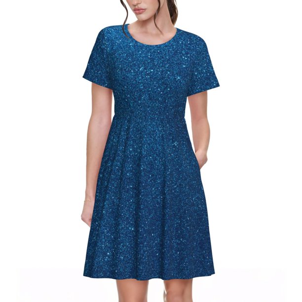 Easygdp Deep Blue Glitter para Vestido Transpirable de Mujer, Vestido Suelto de Manga Corta con Pliegues y Bolsillos para el Verano