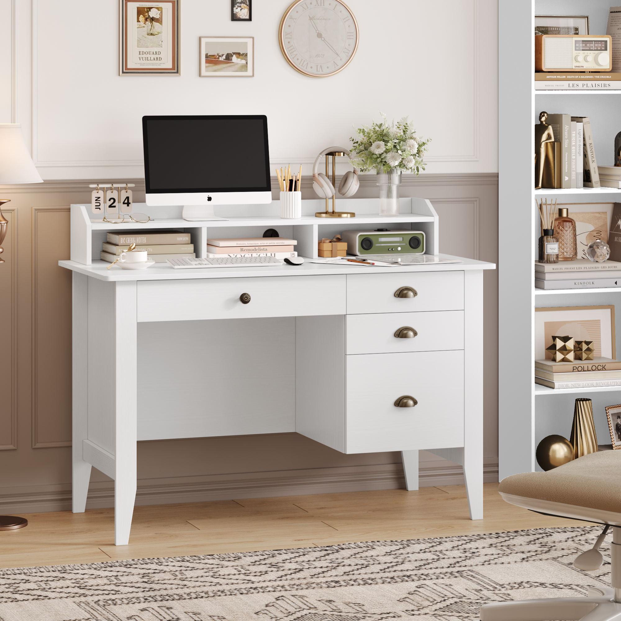 Homfa 47.2 Inch White Computer Desk with Drawers & Cabinet, Home Office Desk with Cable Management, Study Writing Desk for Bedroom Living Room