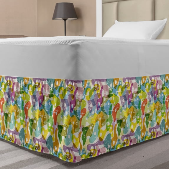 Colorful Bed Skirt, Quirky Shapes Geometrical Theme with Abstract Illustration in Grunge Style, Elastic Bedskirt Dust Ruffle Wrap Around for Bedding Decor, 4 Sizes, Multicolor, by Ambesonne