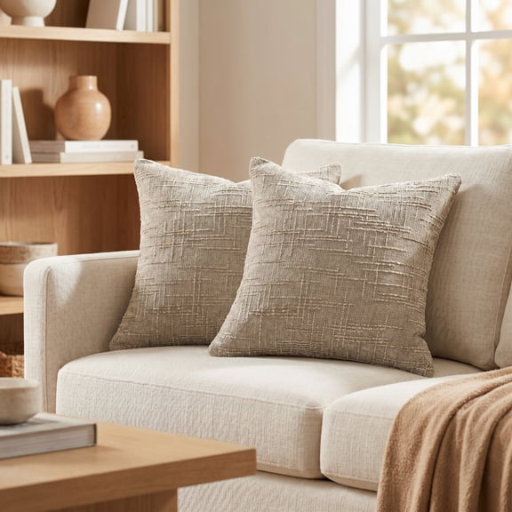 Throw Pillow Covers Chenille Textured Farmhouse Set of 2 for Cozy Living Room Decor Brown 18 x 18 Inch