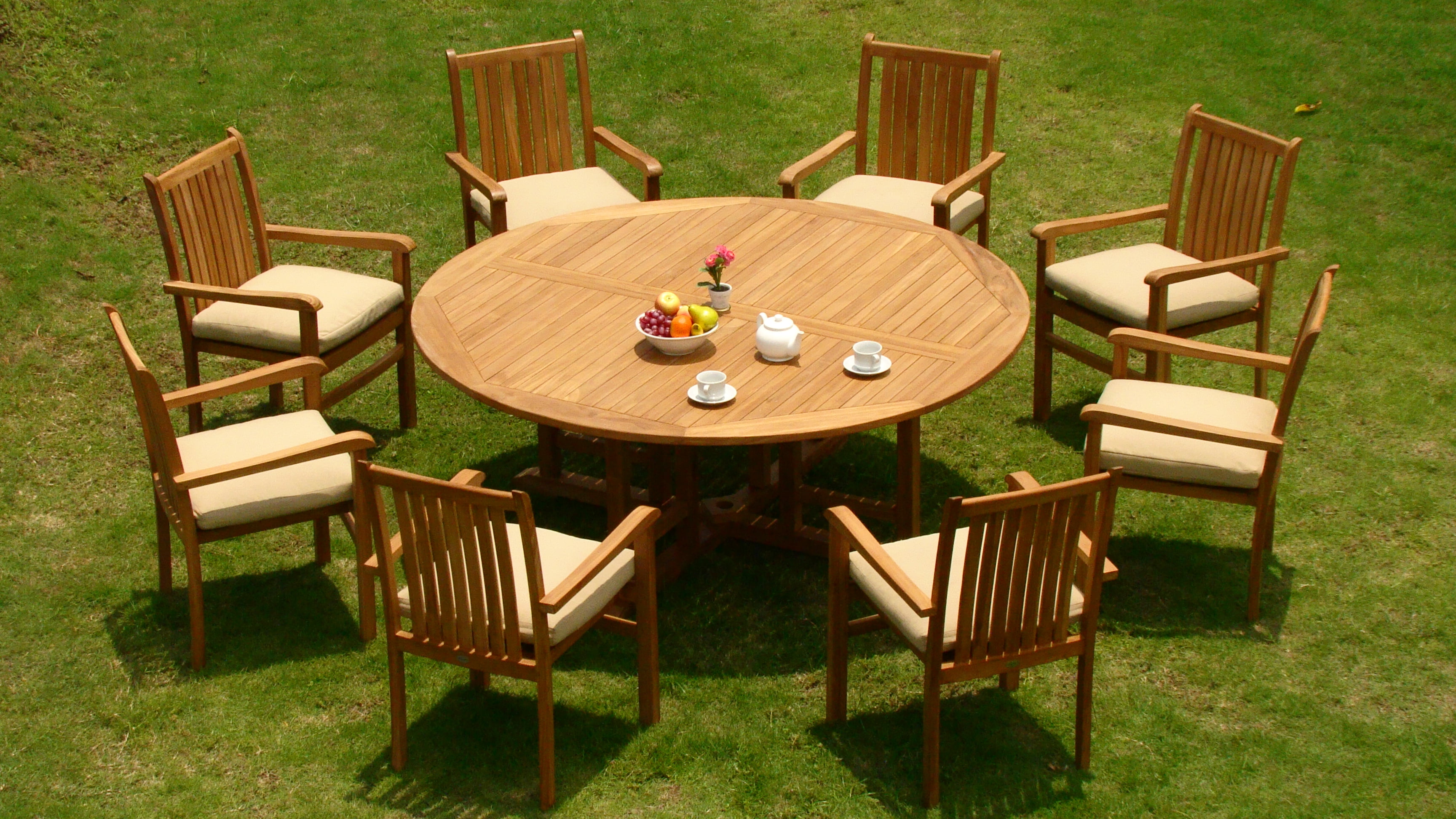 Teak Dining Set:8 Seater 9 Pc -72" Round Table And 8 Cahyo Stacking Arm