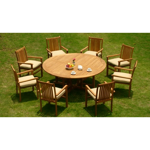 Teak Dining Set:8 Seater 9 Pc -72" Round Table And 8 Cahyo Stacking Arm Chairs Outdoor Patio Grade-A Teak Wood WholesaleTeak #WMDSCH5