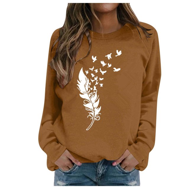 asddcavvf Blouse pour Femmes Pull-Over Chandail en Molleton à Imprimé Plumes Manches Longues Haut Athlétique